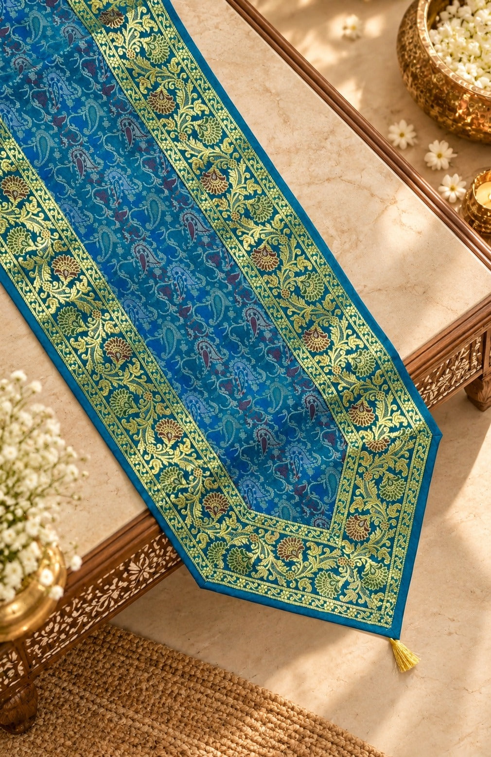 Diwali Gift Box with Banarasi Zari Table Runner, Set Of 6 Mats, 6 coaster, 6 inch Metal Urli