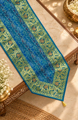 Diwali Gift Box with Banarasi Zari Table Runner, Set Of 6 Mats, 6 coaster, 6 inch Metal Urli