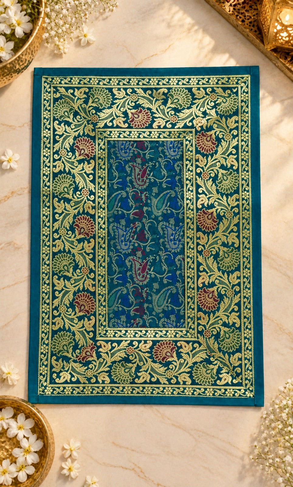 Diwali Gift Box with Banarasi Zari Table Runner, Set Of 6 Mats, 6 coaster, 6 inch Metal Urli