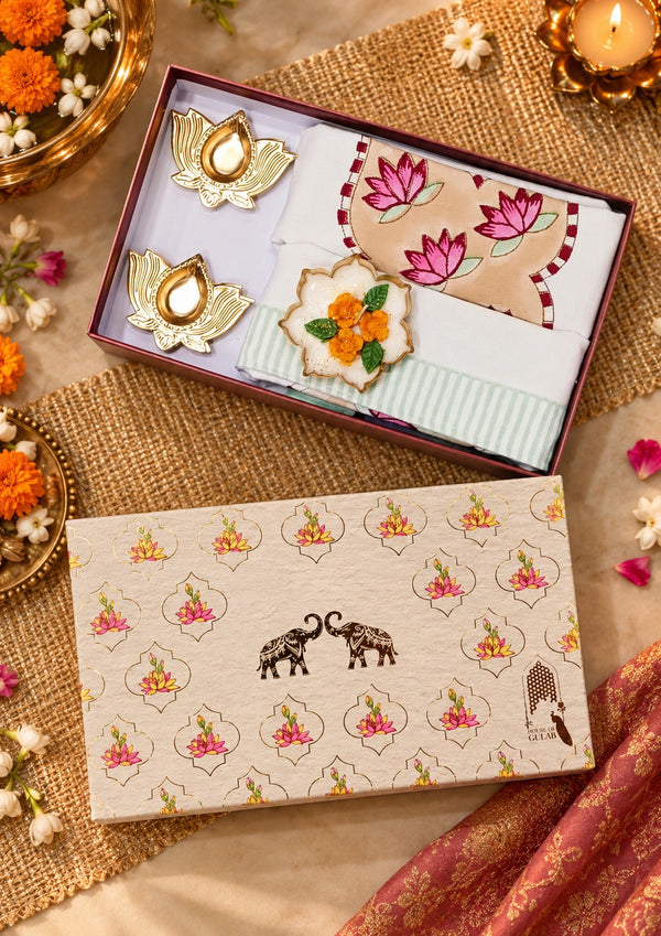 Diwali Home Décor Gift Box with 2 Cushion Covers, 1Handmade Floral Soy Wax Candle & 2 Metal Diyas