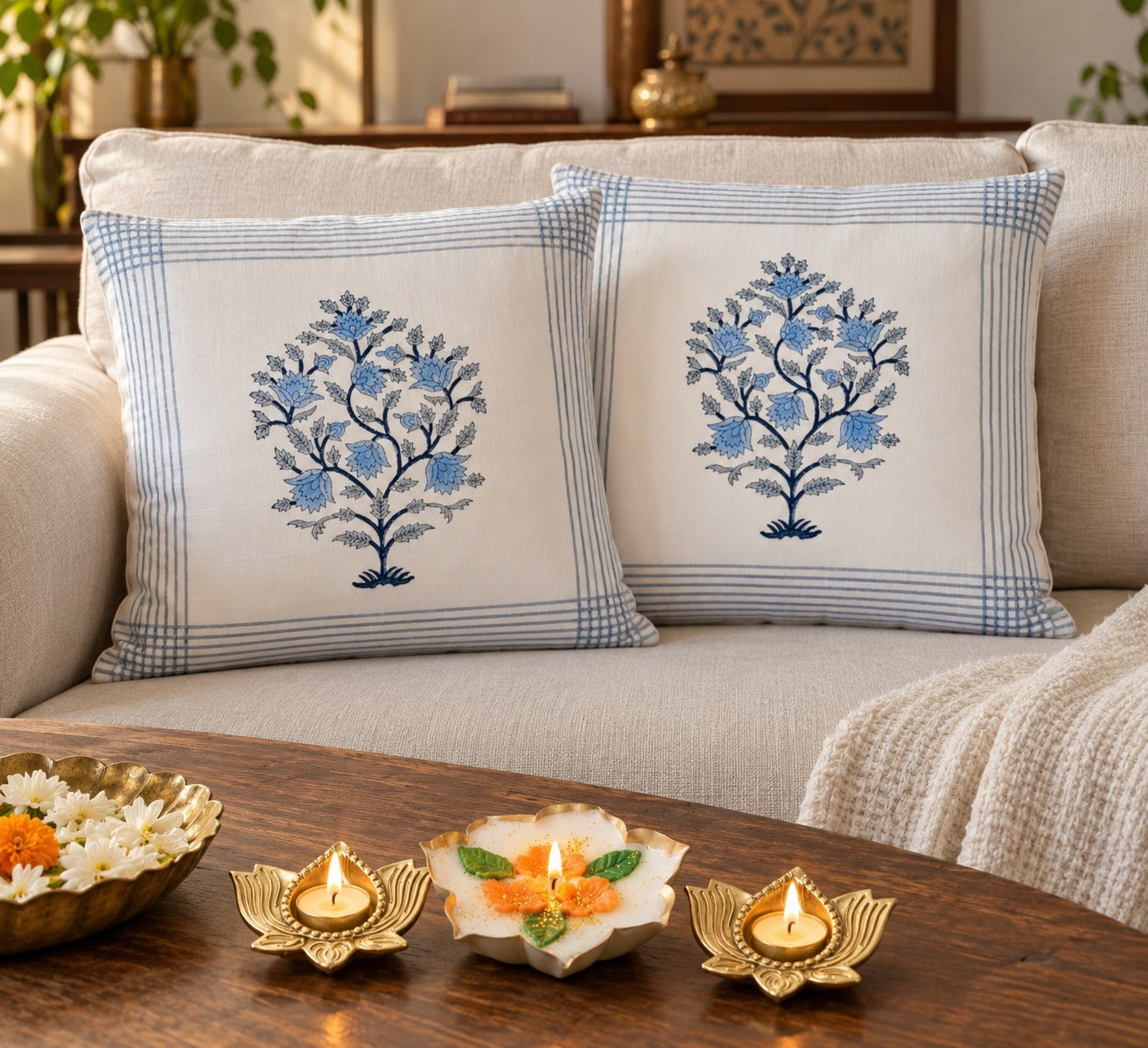 Diwali Home Décor Gift Box with 2 Cushion Covers, 1Handmade Floral Soy Wax Candle & 2 Metal Diyas