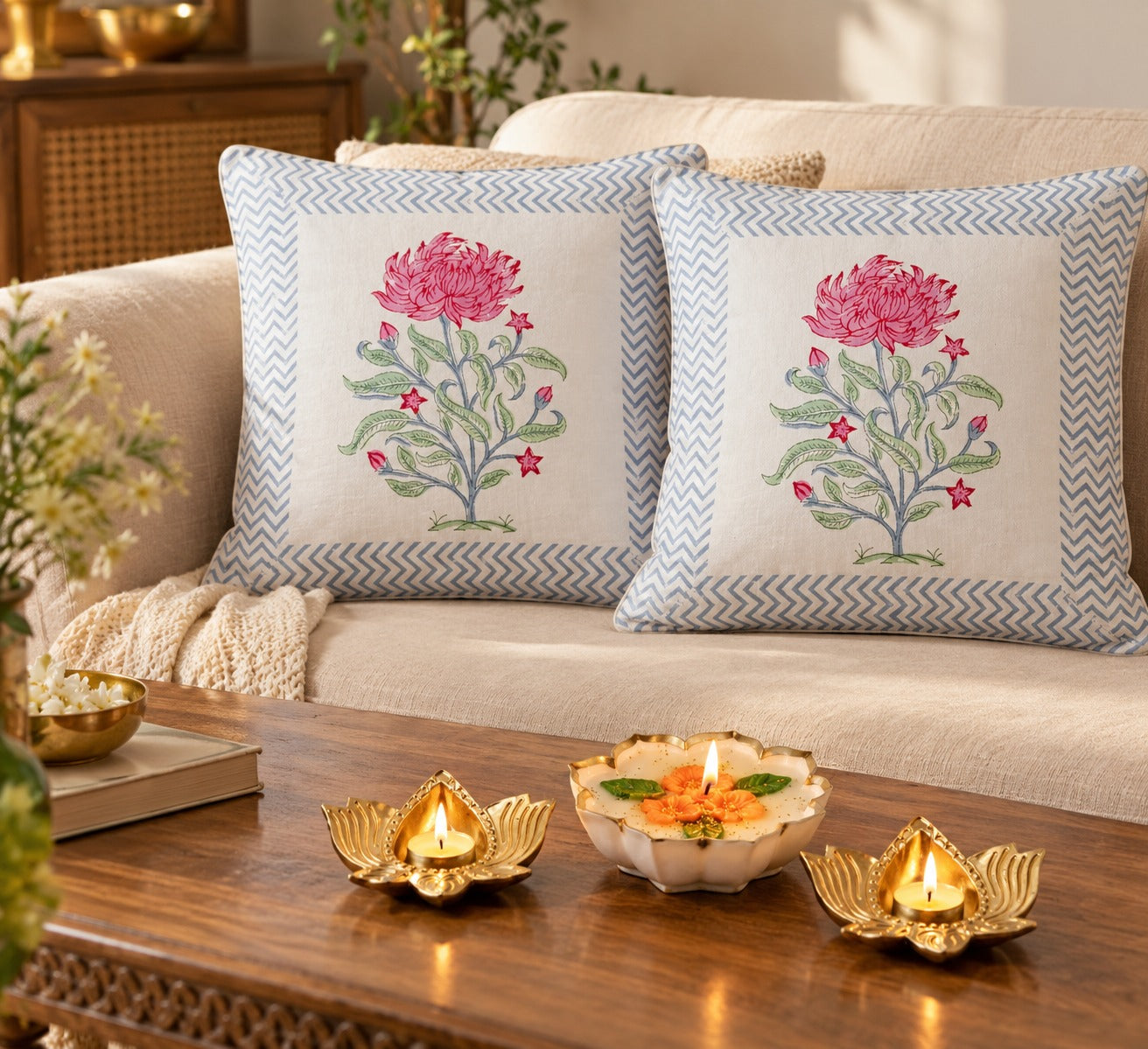 Diwali Home Décor Gift Box with 2 Cushion Covers, 1Handmade Floral Soy Wax Candle & 2 Metal Diyas
