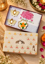 Diwali Home Décor Gift Box with 2 Cushion Covers, 1Handmade Floral Soy Wax Candle & 2 Metal Diyas