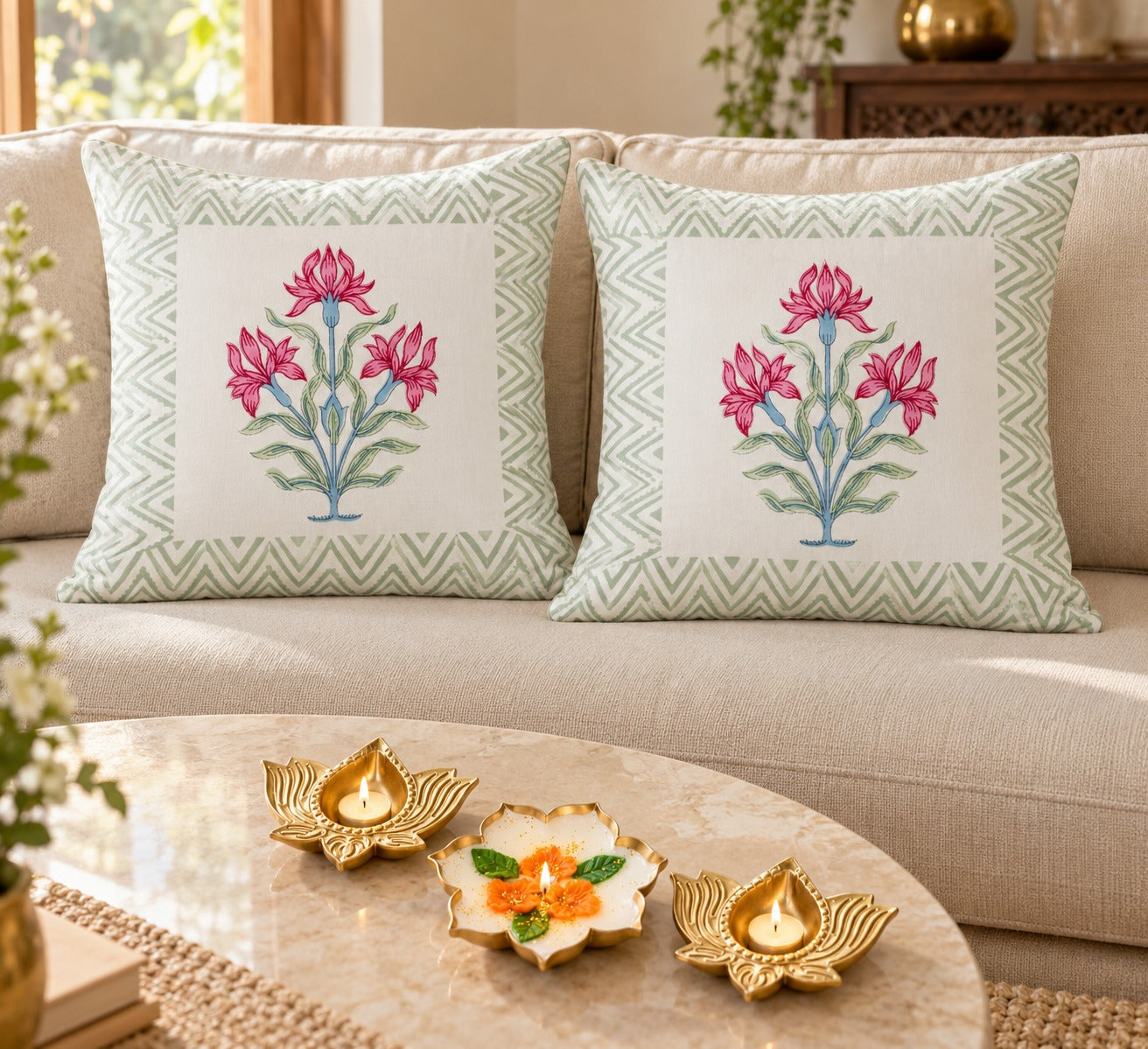 Diwali Home Décor Gift Box with 2 Cushion Covers, 1Handmade Floral Soy Wax Candle & 2 Metal Diyas
