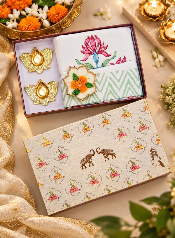 Diwali Home Décor Gift Box with 2 Cushion Covers, 1Handmade Floral Soy Wax Candle & 2 Metal Diyas