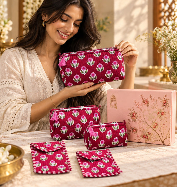 Diwali Gift Box Set of 5 Utility Pouches with Set of 2 Metal Diya (3 Makeup Pouches, 1 Sunglass Pouch, 1 Sanitary Napkin Pouch