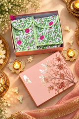 Diwali Gift Box Set of 5 Utility Pouches with Set of 2 Metal Diya (3 Makeup Pouches, 1 Sunglass Pouch, 1 Sanitary Napkin Pouch