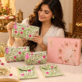 Diwali Gift Box Set of 5 Utility Pouches with Set of 2 Metal Diya (3 Makeup Pouches, 1 Sunglass Pouch, 1 Sanitary Napkin Pouch