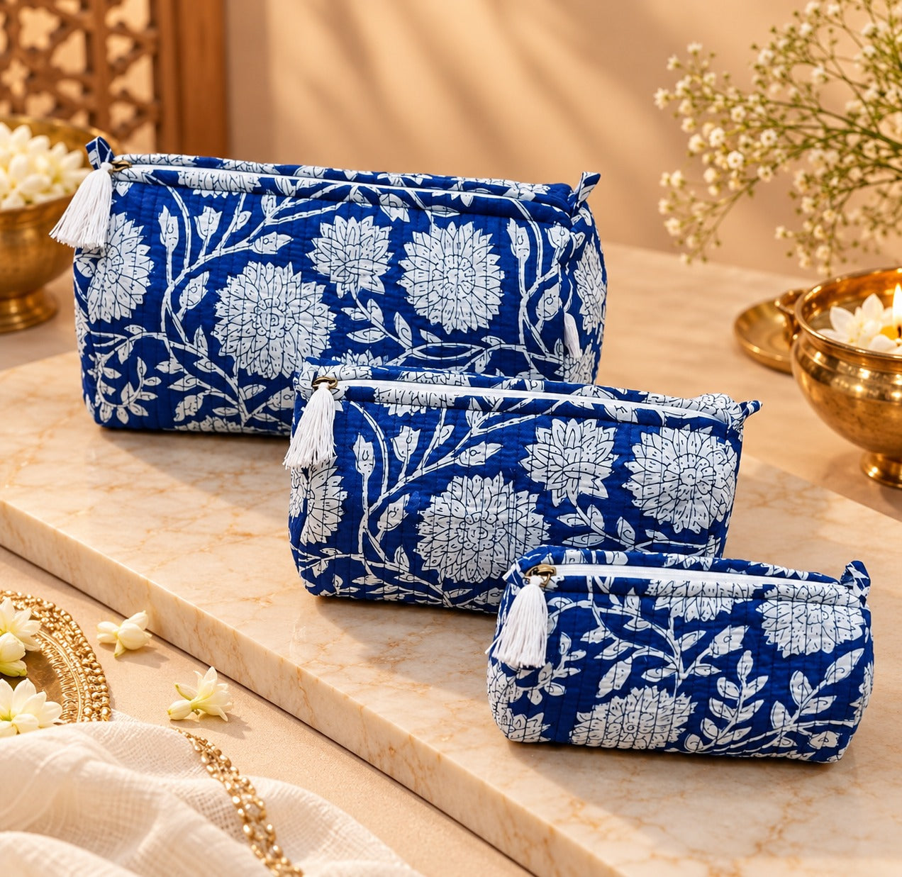Diwali Gift Box Set of 5 Utility Pouches with Set of 2 Metal Diya (3 Makeup Pouches, 1 Sunglass Pouch, 1 Sanitary Napkin Pouch