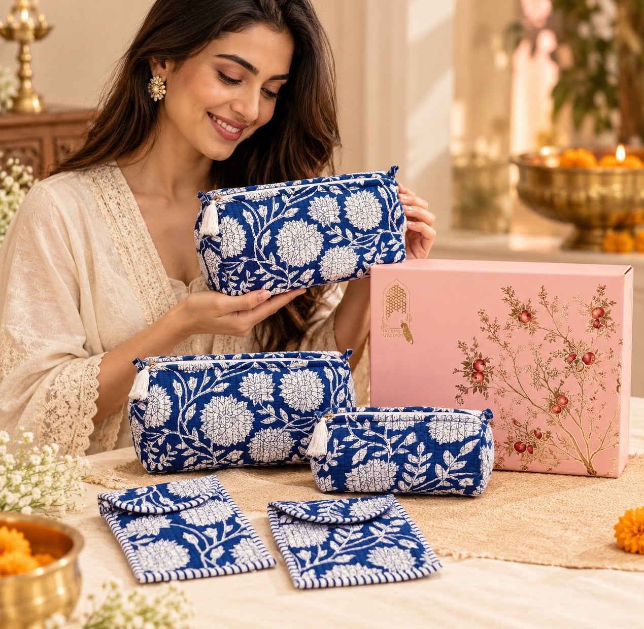 Diwali Gift Box Set of 5 Utility Pouches with Set of 2 Metal Diya (3 Makeup Pouches, 1 Sunglass Pouch, 1 Sanitary Napkin Pouch