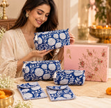 Diwali Gift Box Set of 5 Utility Pouches with Set of 2 Metal Diya (3 Makeup Pouches, 1 Sunglass Pouch, 1 Sanitary Napkin Pouch