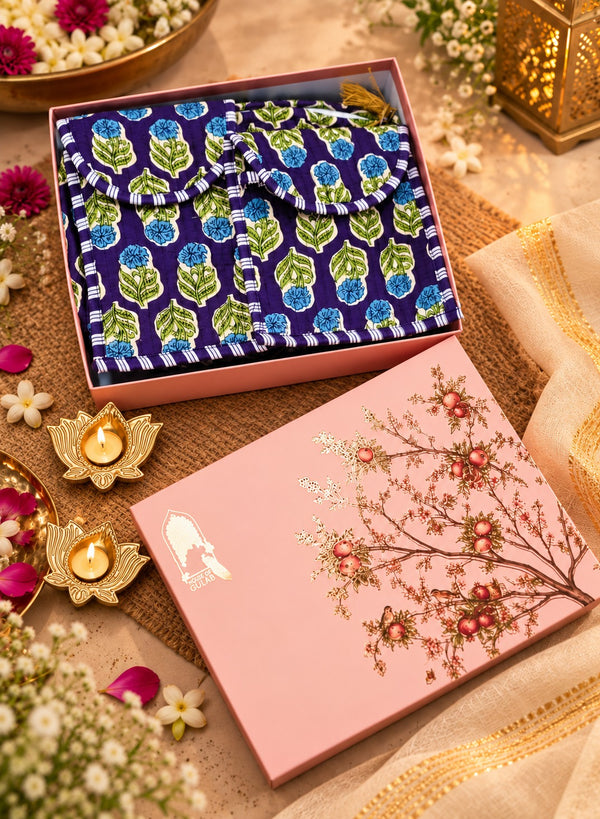 Diwali Gift Box Set of 5 Utility Pouches with Set of 2 Metal Diya (3 Makeup Pouches, 1 Sunglass Pouch, 1 Sanitary Napkin Pouch