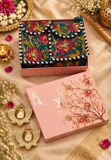 Diwali Gift Box Set of 5 Utility Pouches with Set of 2 Metal Diya (3 Makeup Pouches, 1 Sunglass Pouch, 1 Sanitary Napkin Pouch
