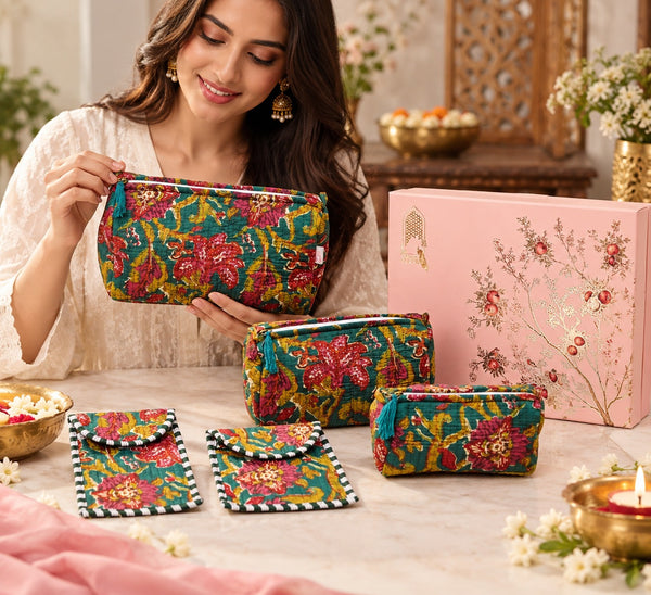 Diwali Gift Box Set of 5 Utility Pouches with Set of 2 Metal Diya (3 Makeup Pouches, 1 Sunglass Pouch, 1 Sanitary Napkin Pouch