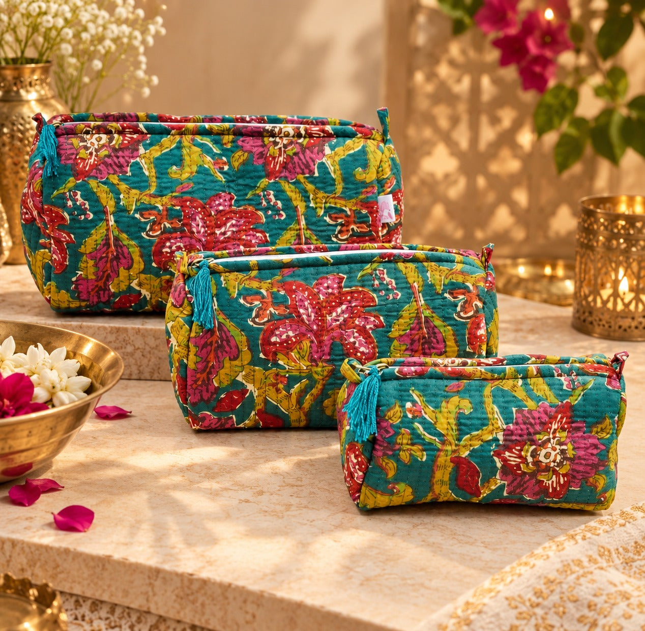 Diwali Gift Box Set of 5 Utility Pouches with Set of 2 Metal Diya (3 Makeup Pouches, 1 Sunglass Pouch, 1 Sanitary Napkin Pouch