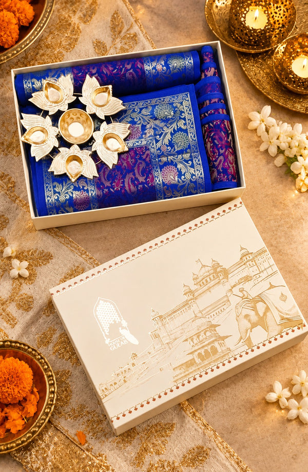 Diwali Gift Box with Banarasi Zari Table Runner, Set Of 6 Mats, 6 coaster, 6 inch Metal Urli