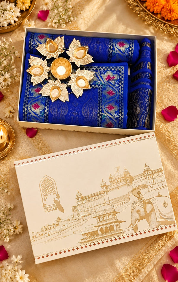 Diwali Gift Box with Banarasi Zari Table Runner, Set Of 6 Mats, 6 coaster, 6 inch Metal Urli