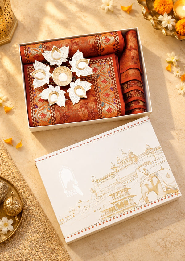 Diwali Gift Box with Banarasi Zari Table Runner, Set Of 6 Mats, 6 coaster, 6 inch Metal Urli
