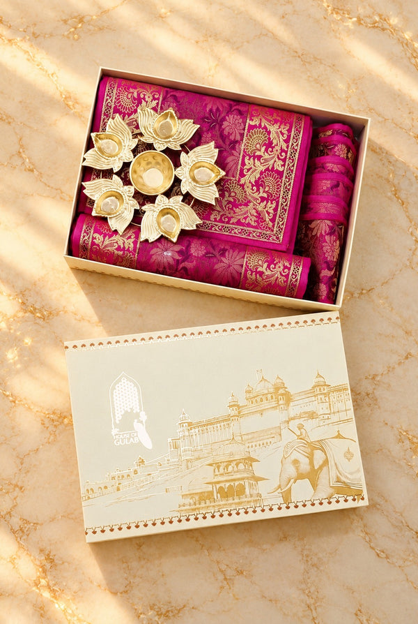 Diwali Gift Box with Banarasi Zari Table Runner, Set Of 6 Mats, 6 coaster, 6 inch Metal Urli