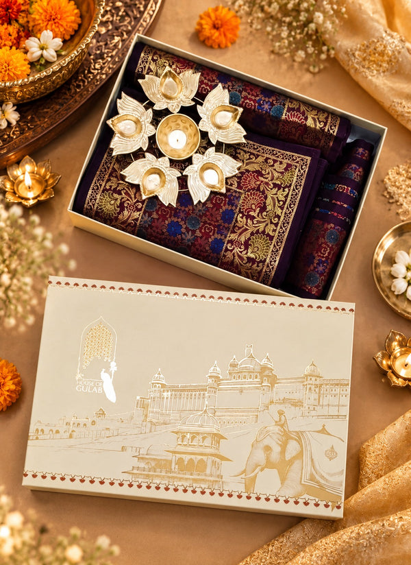 Diwali Gift Box with Banarasi Zari Table Runner, Set Of 6 Mats, 6 coaster, 6 inch Metal Urli