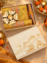 Diwali Gift Box with Banarasi Zari Table Runner, Set Of 6 Mats, 6 coaster, 6 inch Metal Urli