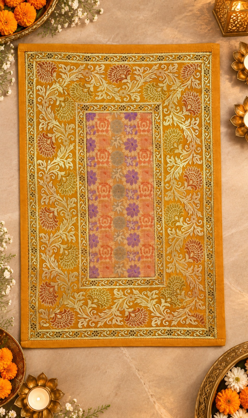 Diwali Gift Box with Banarasi Zari Table Runner, Set Of 6 Mats, 6 coaster, 6 inch Metal Urli