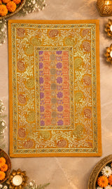 Diwali Gift Box with Banarasi Zari Table Runner, Set Of 6 Mats, 6 coaster, 6 inch Metal Urli