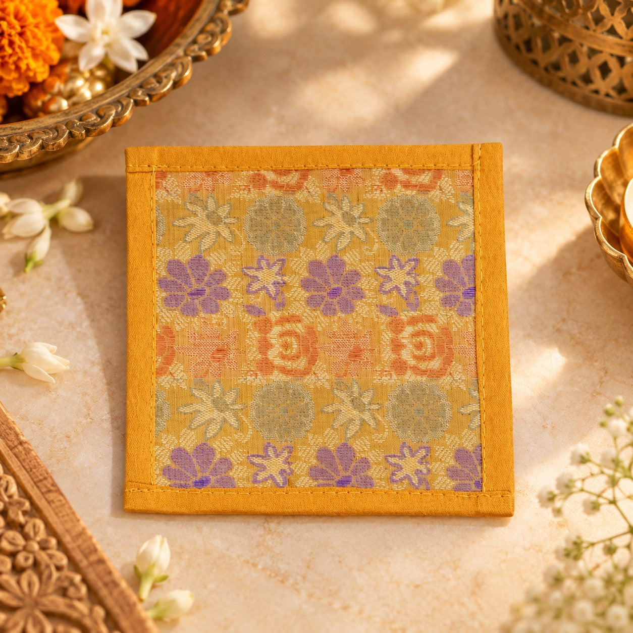 Diwali Gift Box with Banarasi Zari Table Runner, Set Of 6 Mats, 6 coaster, 6 inch Metal Urli