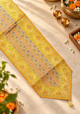 Diwali Gift Box with Banarasi Zari Table Runner, Set Of 6 Mats, 6 coaster, 6 inch Metal Urli