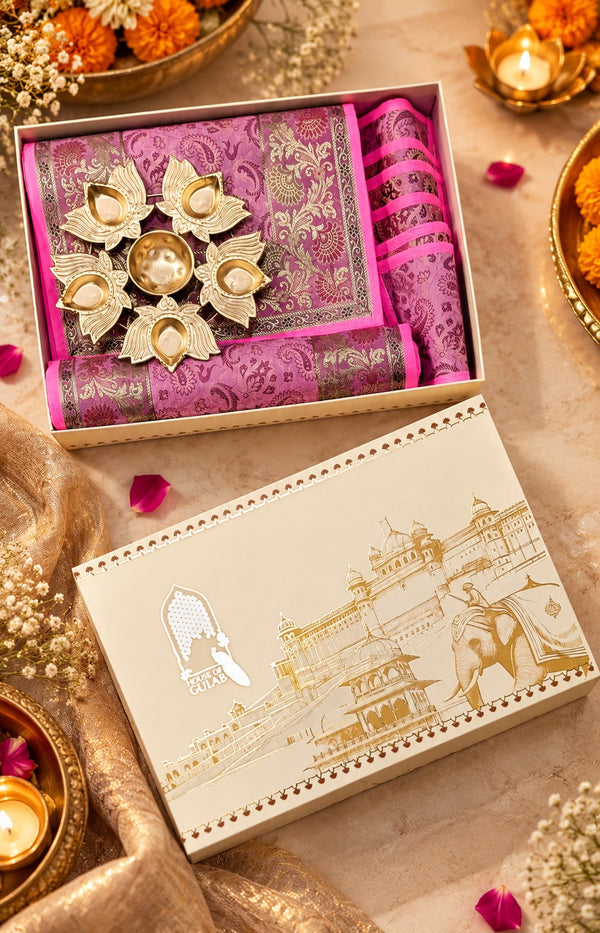 Diwali Gift Box with Banarasi Zari Table Runner, Set Of 6 Mats, 6 coaster, 6 inch Metal Urli