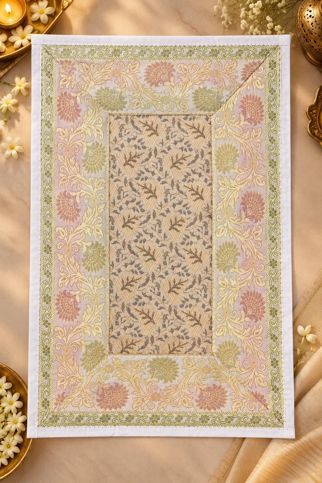 Diwali Gift Box with Banarasi Zari Table Runner, Set Of 6 Mats, 6 coaster, 6 inch Metal Urli