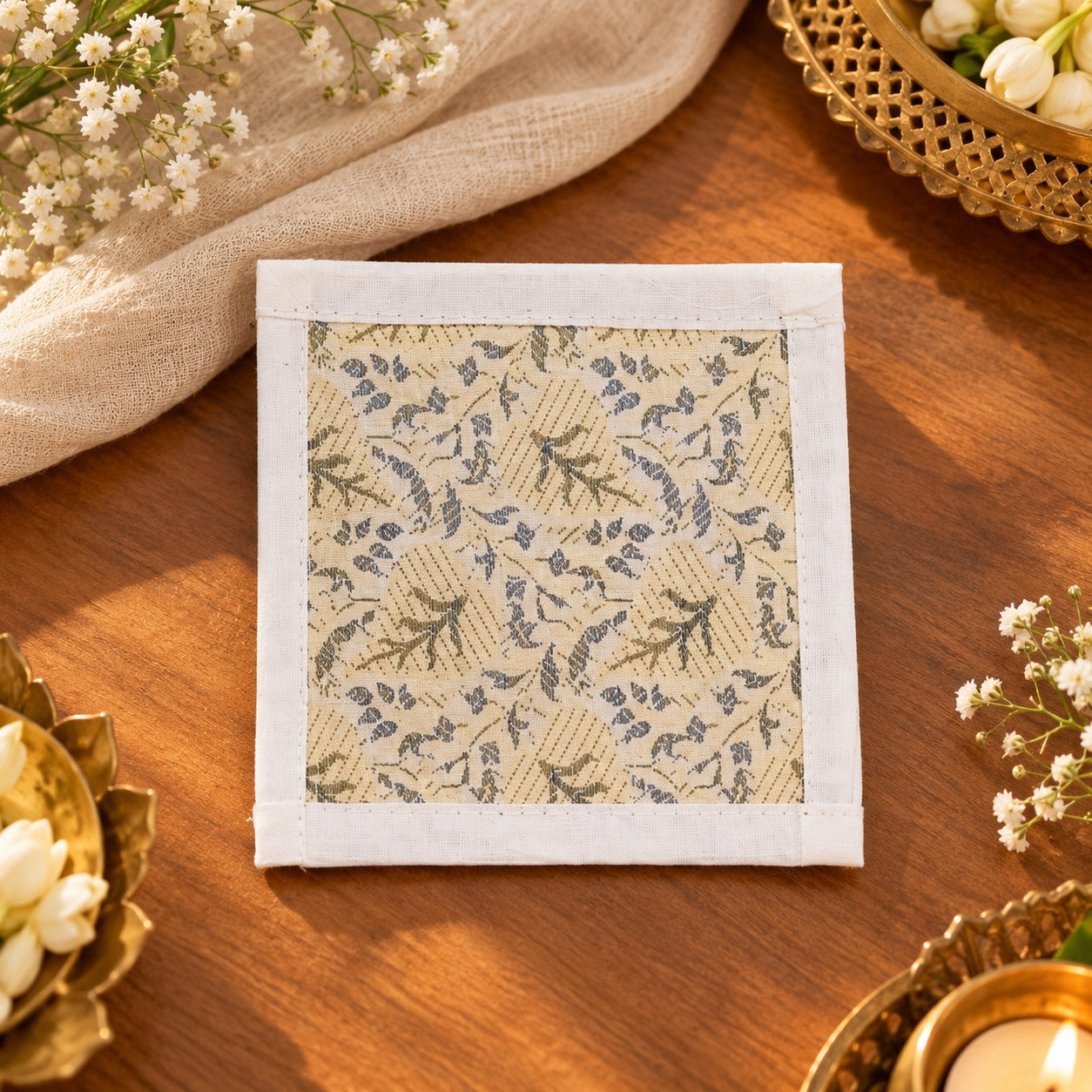 Diwali Gift Box with Banarasi Zari Table Runner, Set Of 6 Mats, 6 coaster, 6 inch Metal Urli