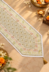 Diwali Gift Box with Banarasi Zari Table Runner, Set Of 6 Mats, 6 coaster, 6 inch Metal Urli