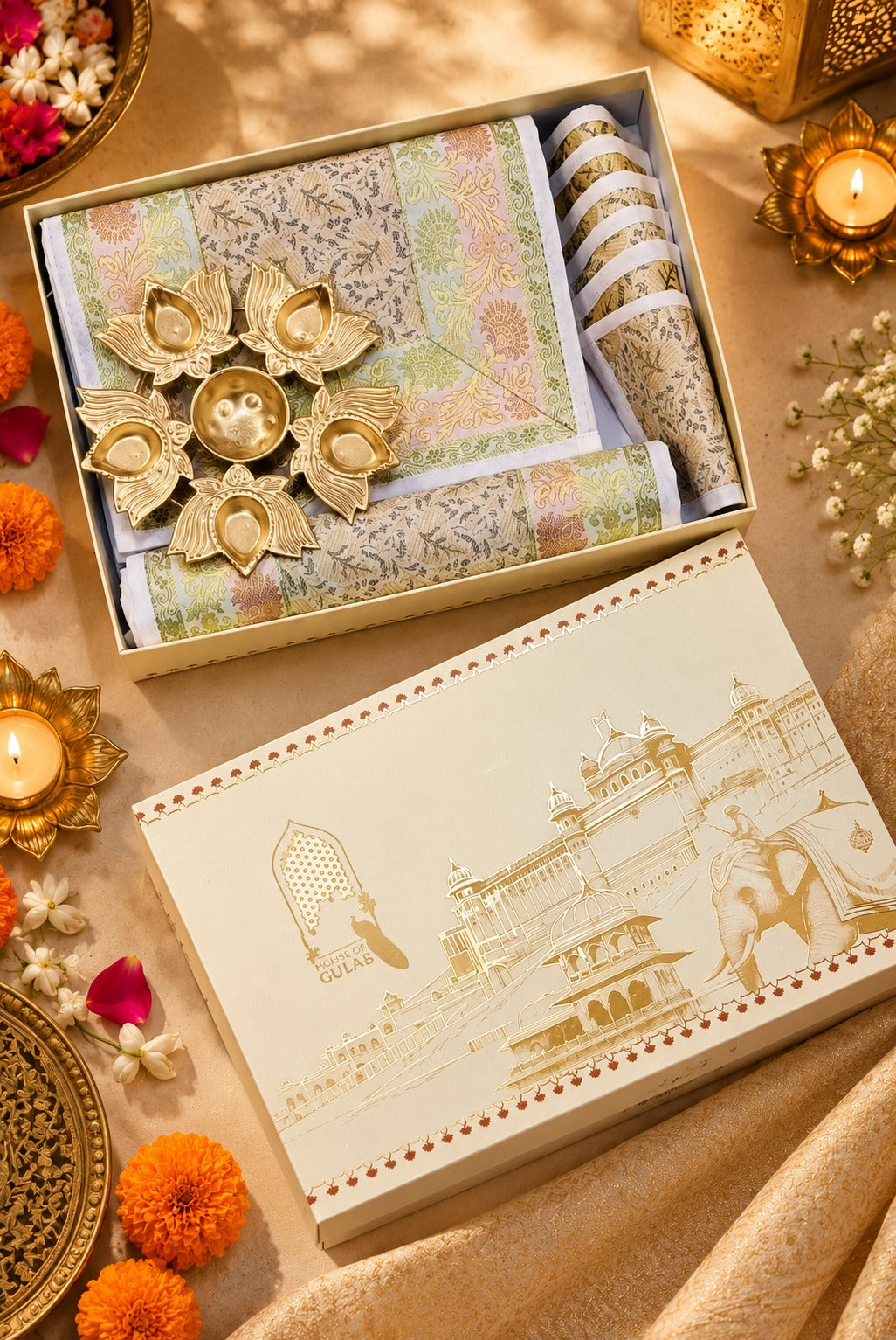 Diwali Gift Box with Banarasi Zari Table Runner, Set Of 6 Mats, 6 coaster, 6 inch Metal Urli