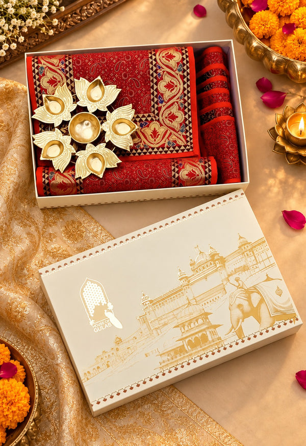 Diwali Gift Box with Banarasi Zari Table Runner, Set Of 6 Mats, 6 coaster, 6 inch Metal Urli