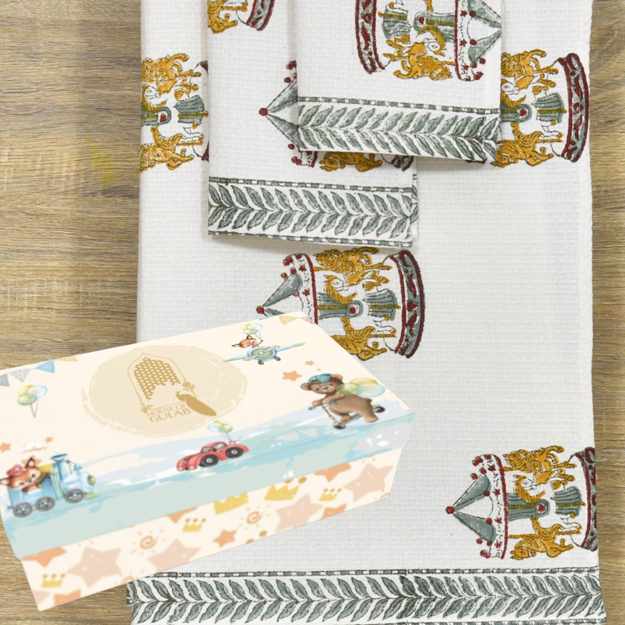 Kids Gift Set - Handblock Printed Towels - 1 Bath + 2 Hand Towels