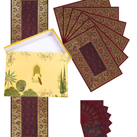 Gift Box with Banarasi Table Set with 1 Runner, 6 mats and 6 coasters