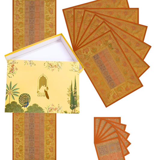 Gift Box with Banarasi Table Set with 1 Runner, 6 mats and 6 coasters