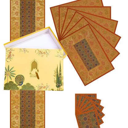 Gift Box with Banarasi Table Set with 1 Runner, 6 mats and 6 coasters