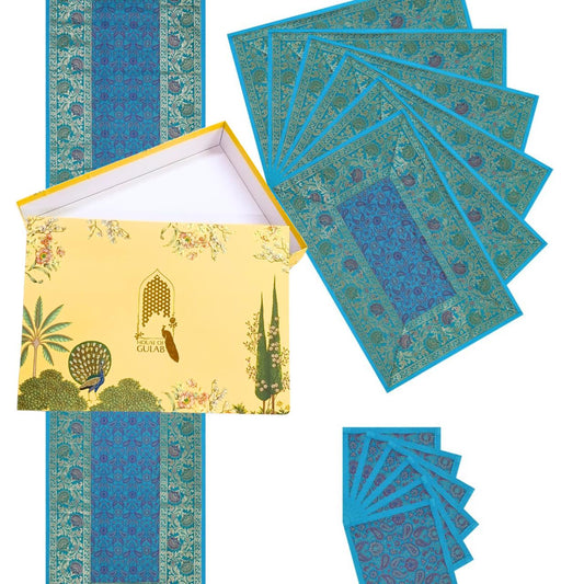 Gift Box with Banarasi Table Set with 1 Runner, 6 mats and 6 coasters