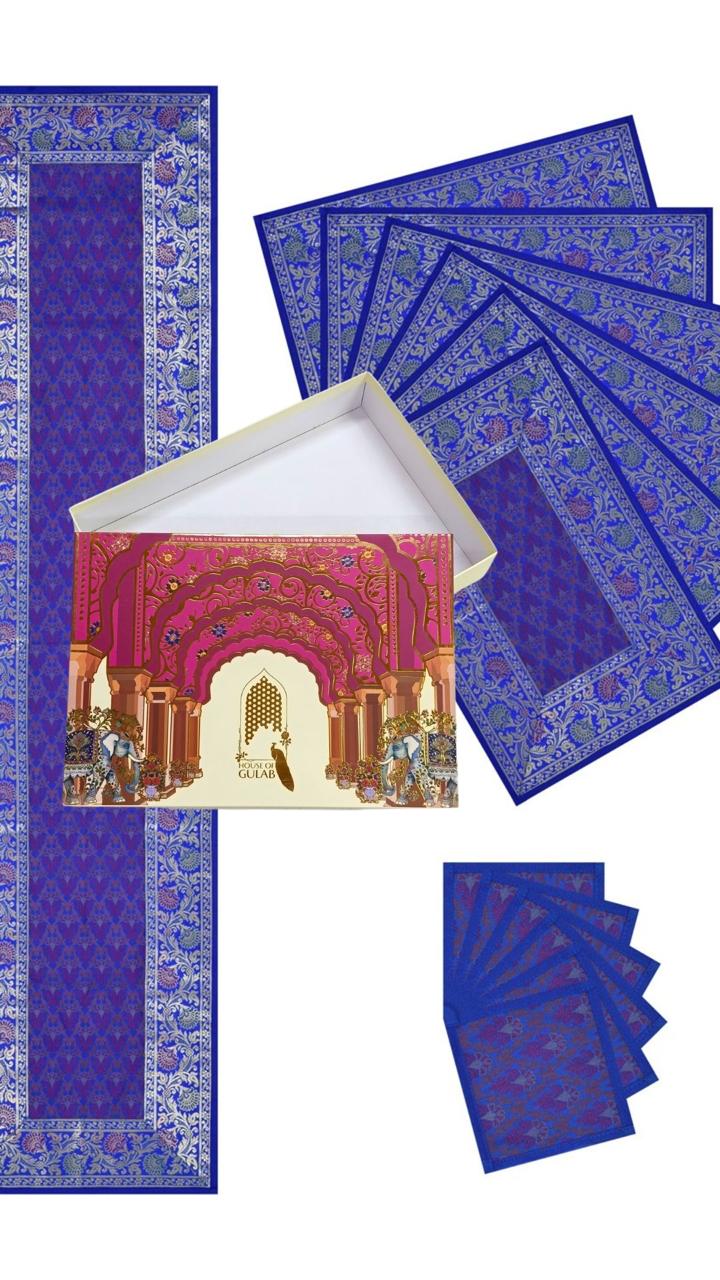 Gift Box with Banarasi Table Set with 1 Runner, 6 mats and 6 coasters