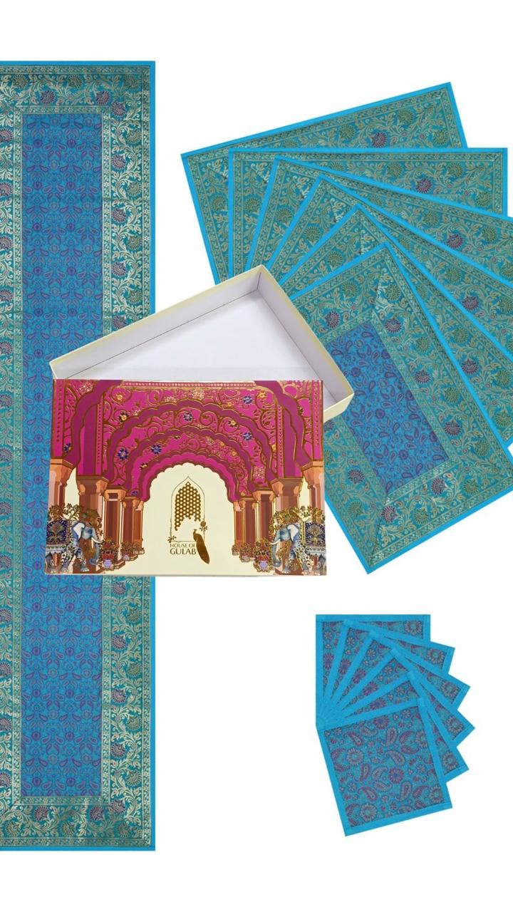 Gift Box with Banarasi Table Set with 1 Runner, 6 mats and 6 coasters