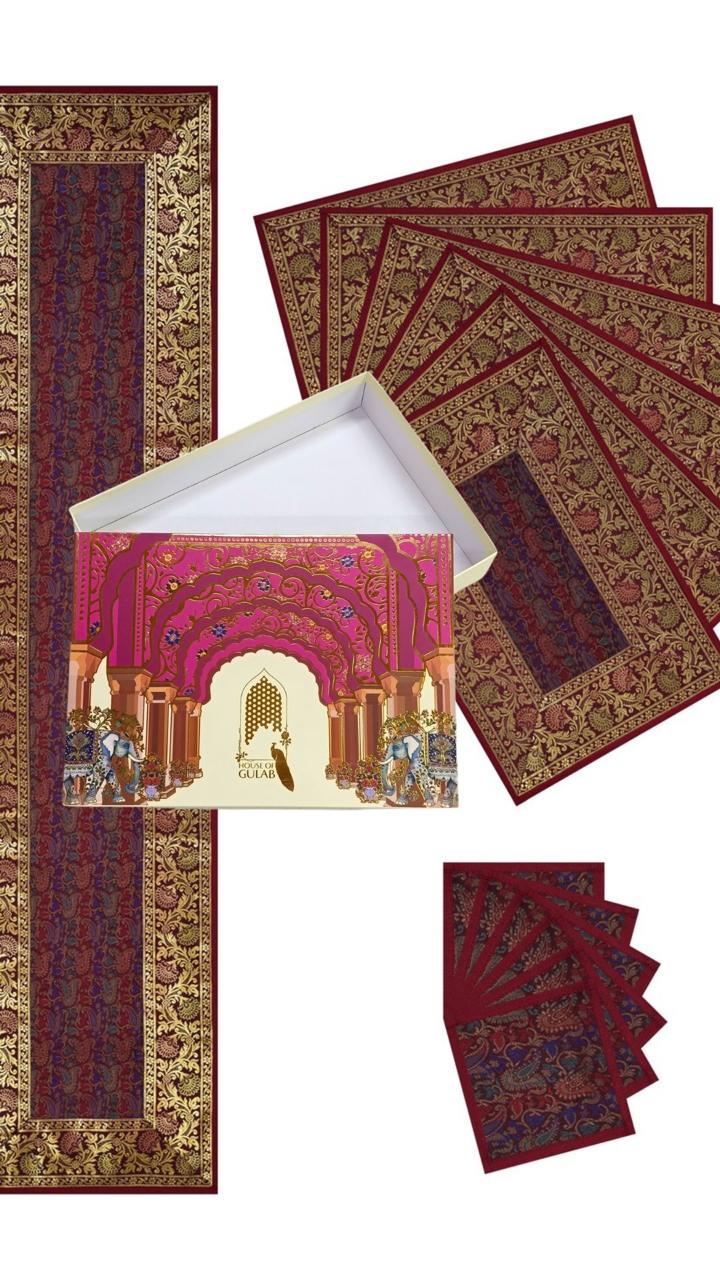 Gift Box with Banarasi Table Set with 1 Runner, 6 mats and 6 coasters