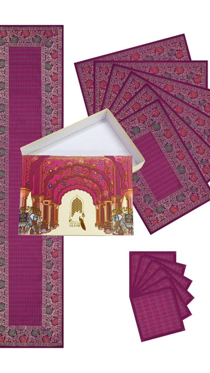 Gift Box with Banarasi Table Set with 1 Runner, 6 mats and 6 coasters