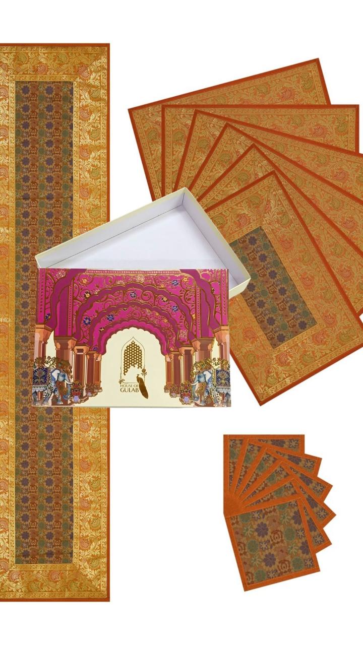 Gift Box with Banarasi Table Set with 1 Runner, 6 mats and 6 coasters