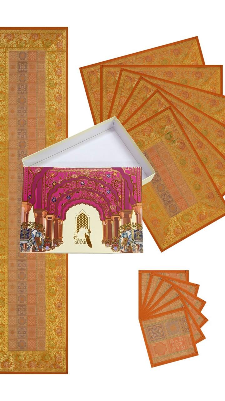 Gift Box with Banarasi Table Set with 1 Runner, 6 mats and 6 coasters