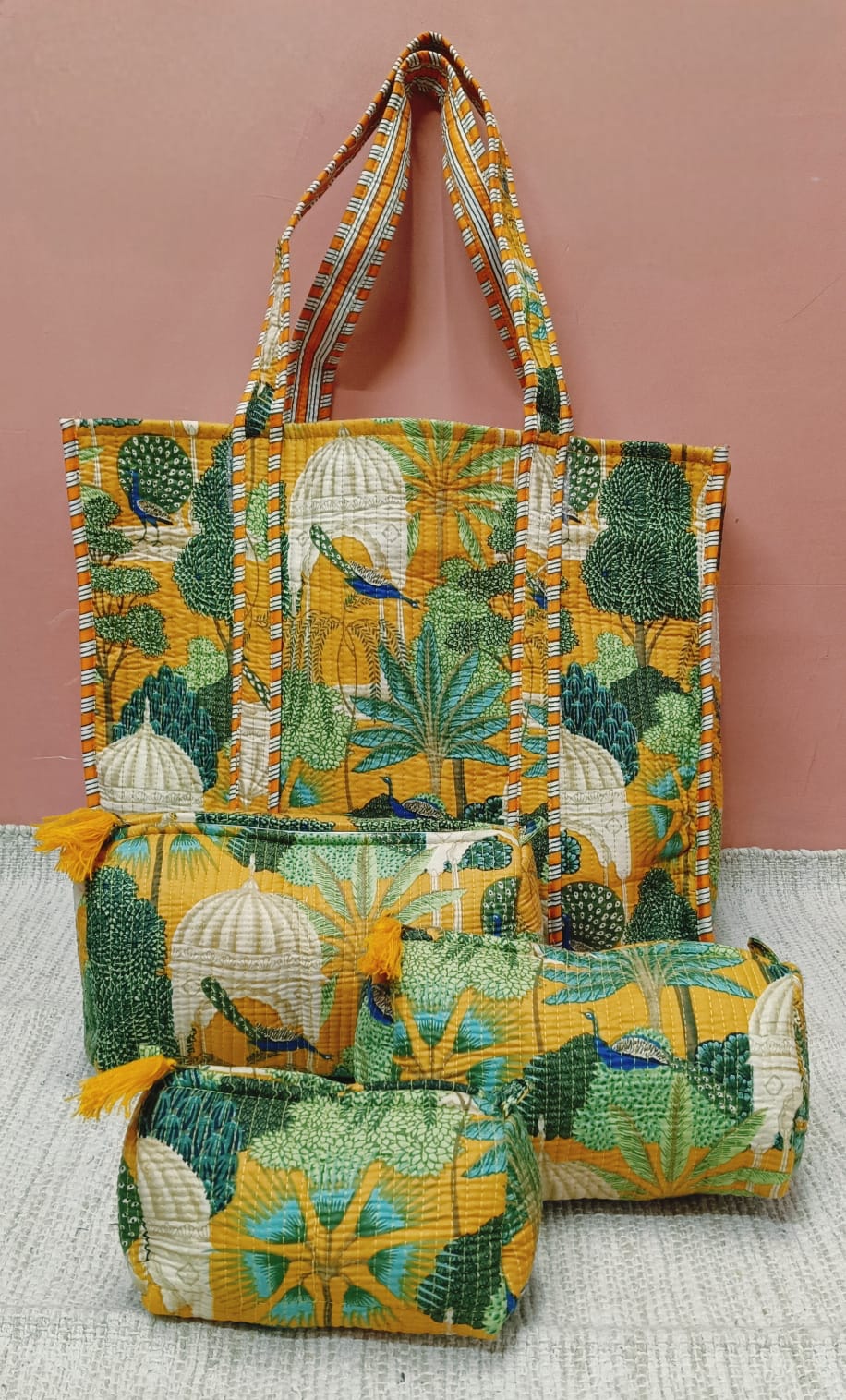 Diwali Gift Box Stylish Tote Bag with 3 Coordinated Utility Pouches with Set of 2 Metal Diyas