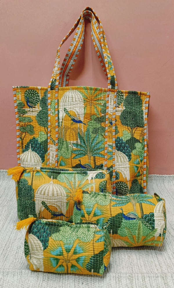 Diwali Gift Box Stylish Tote Bag with 3 Coordinated Utility Pouches with Set of 2 Metal Diyas