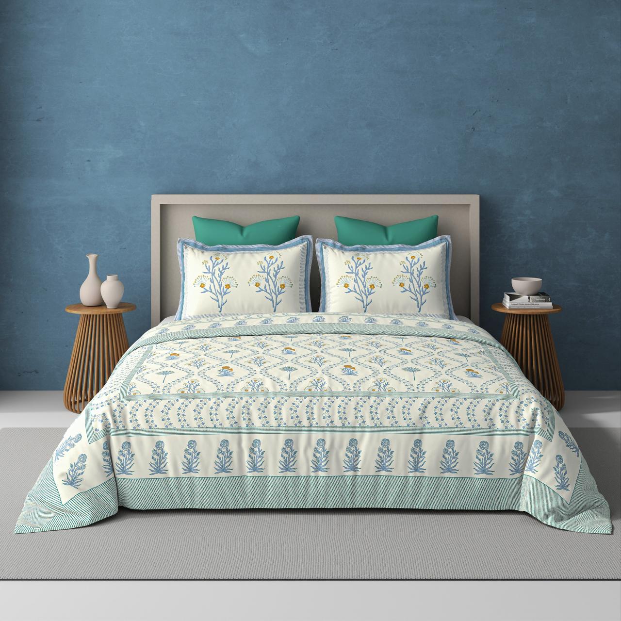 (Rakhi Gift Box – Percale Handblock Printed Super King Cotton Bedsheet, 2 Rakhi & 6 Beaded Coasters