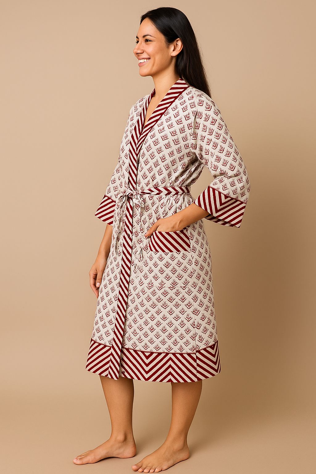Waffle Cotton Handblock Printed Unisex Bathrobe - Free Size